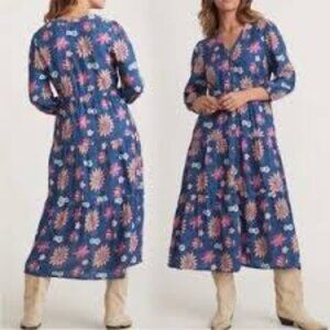 Marine Layer Navy Floral Tiered Midi Dress - Size Medium